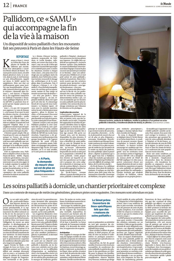 Article du Monde sur le service de soins palliatifs PALLIDOM à Paris Photo : Hélène Mauri